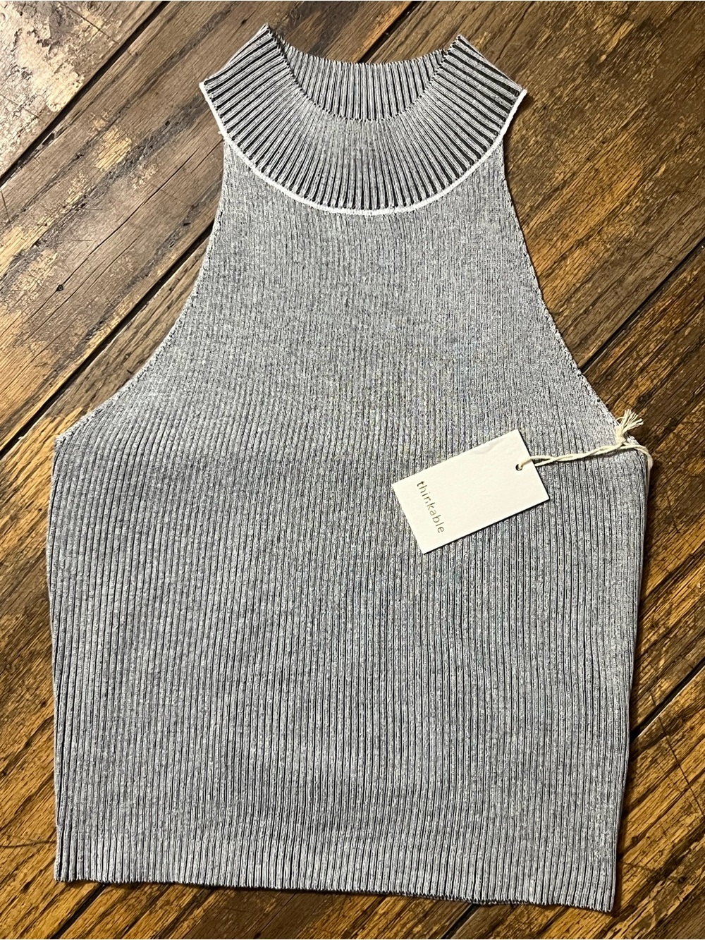 Think! Sleeveless Ribbed Turtleneck Sweater in Light Gray with White Trim